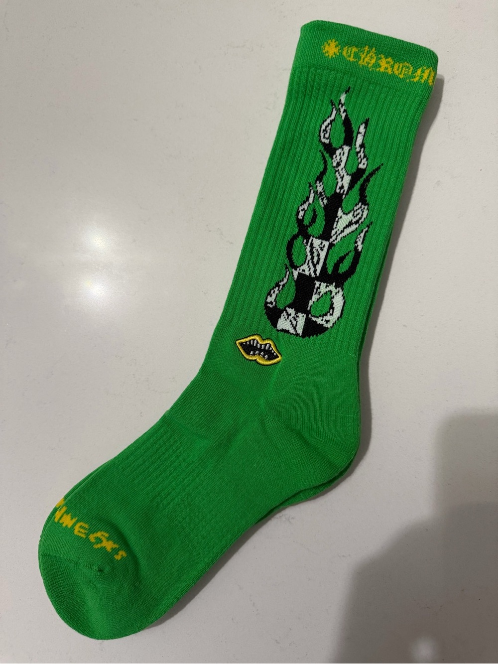 Chrome Hearts Green Crew Socks with Black-and-White Flame Graphic